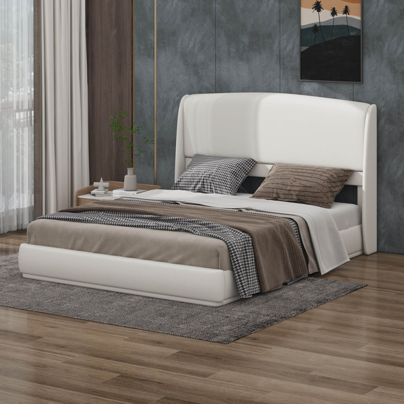 Grand lit plateforme tapissier avec tête de lit à oreilles, structure de lit à profil bas, Beige