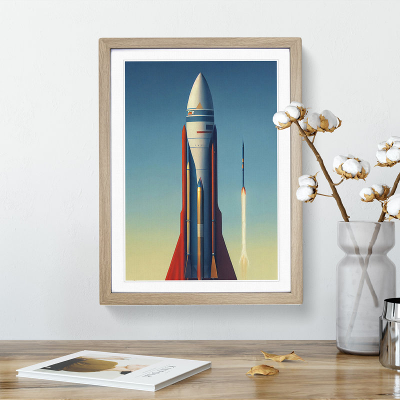 Awesome Spaceship Rocket - Single Picture Frame Print, 46cm H x 34cm W x 2cm D, Oak Framed
