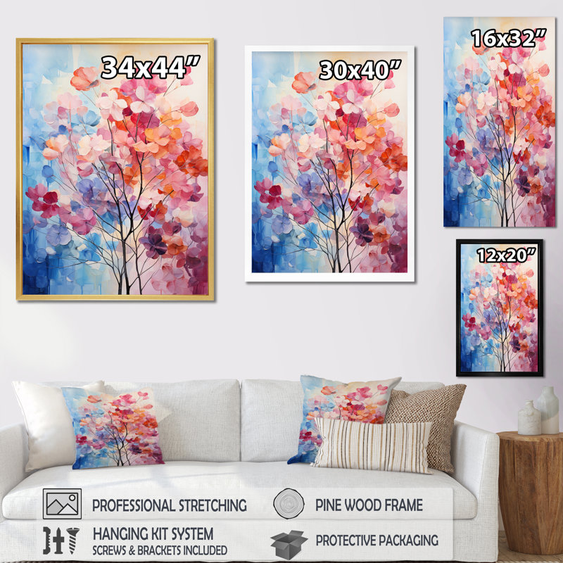 Rose et bleu arbres champ pointillisme VI - Cottage Art mural salon, H 40 po x l 30 po x P 1,5 po, Cadre photo blanc