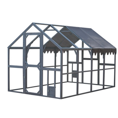 Grey Outdoor Chicken Enclosure 110" With Upgrade Waterproof Cover, Walk - In For Pet Feeding, Two Small Access Doors, Galvanized Mesh Security, 56.54ft Play Spot Run Removable Roof, Style
