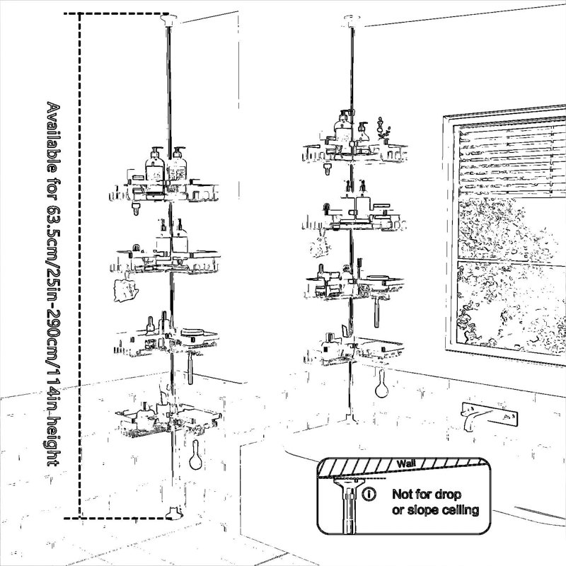 Adjustable Tension Pole Shower Caddy, 4-Tier Corner Bathroom Organizer With No Drilling Installation, Floor To Ceiling Adjustable Shampoo And Bath Product Holder For Space Saving Storage