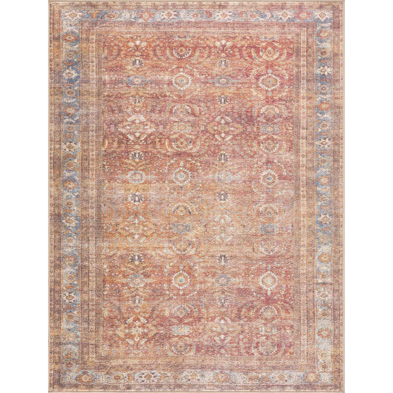 Anarhu Boho Damask Machine Washable Peach Area Rug, Rectangle 6'7" x 9'