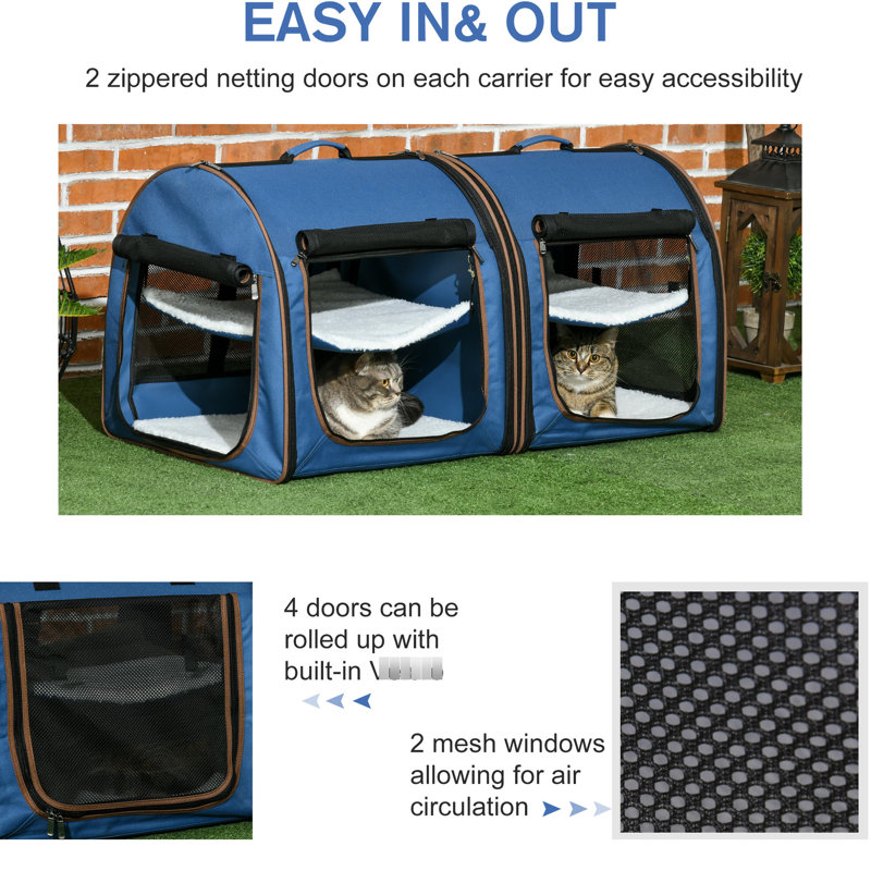 39" Portable Pet Carrier In Blue, Cloth, Detachable Feature Soft Cat Carrier, Blue. Cloth & Net Construction. Breathable And . Soft Cushions Included. Foldable With Storage Bag. 2 Zippered Netting