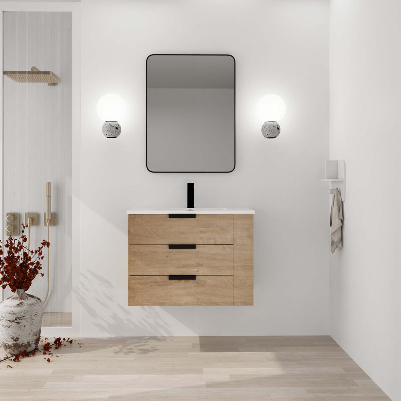 Meuble-lavabo mural 30 po avec lavabo, tiroir à fermeture en douceur et tablette latérale