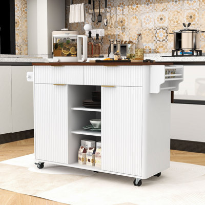 Extendable Kitchen Island Cart with Built-In Charging Station, Ample Storage and Lockable Wheels by Lark Manor