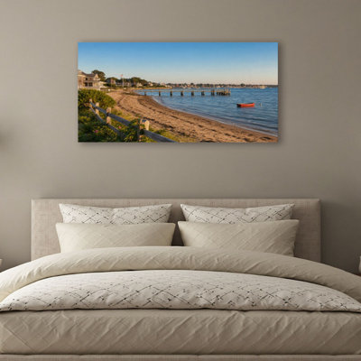 Canvas Wall Art Sandy Beach Pier Rowboat Provincetown Cape Cod Massachusetts Wall Decor for Living Room Bathroom Bedroom Office 20"H x 40"W Art Paintings, Ready to Hang