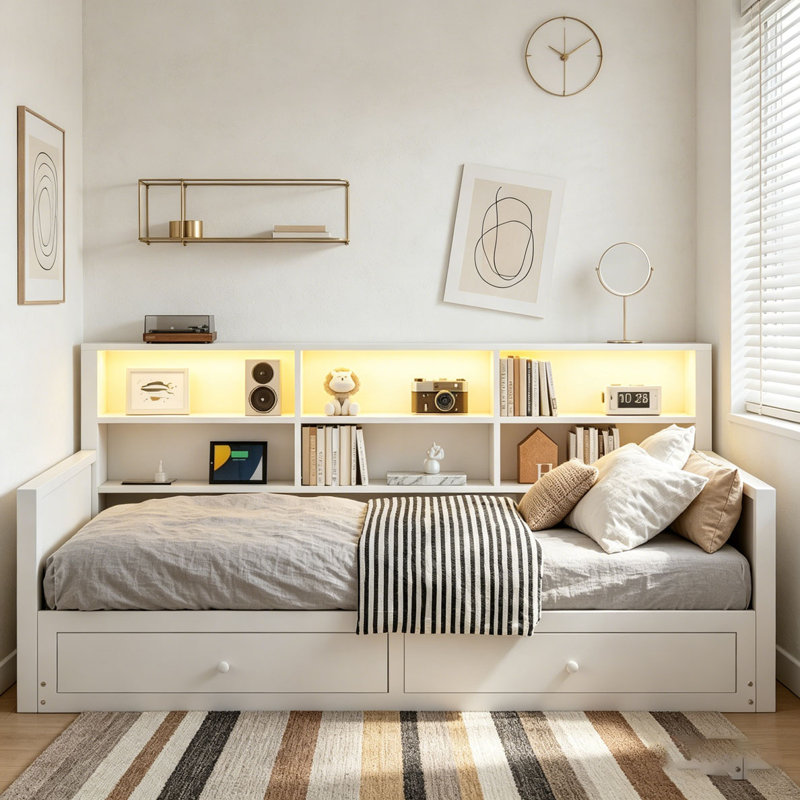 Extendable Daybed, Twin to Double Twin Daybed with Storage Headboard, White