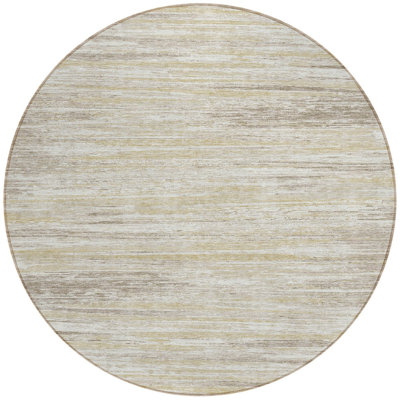 8' Beige Brown And Ivory Round Striped Washable Indoor Outdoor Area Rug