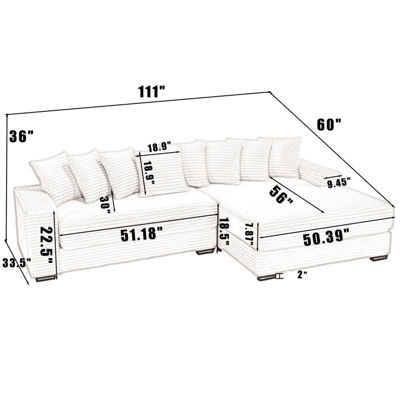 111.02" Wide Right Hand Facing Sectional Sofa Couch with Chaise Lounge, Green Corduroy