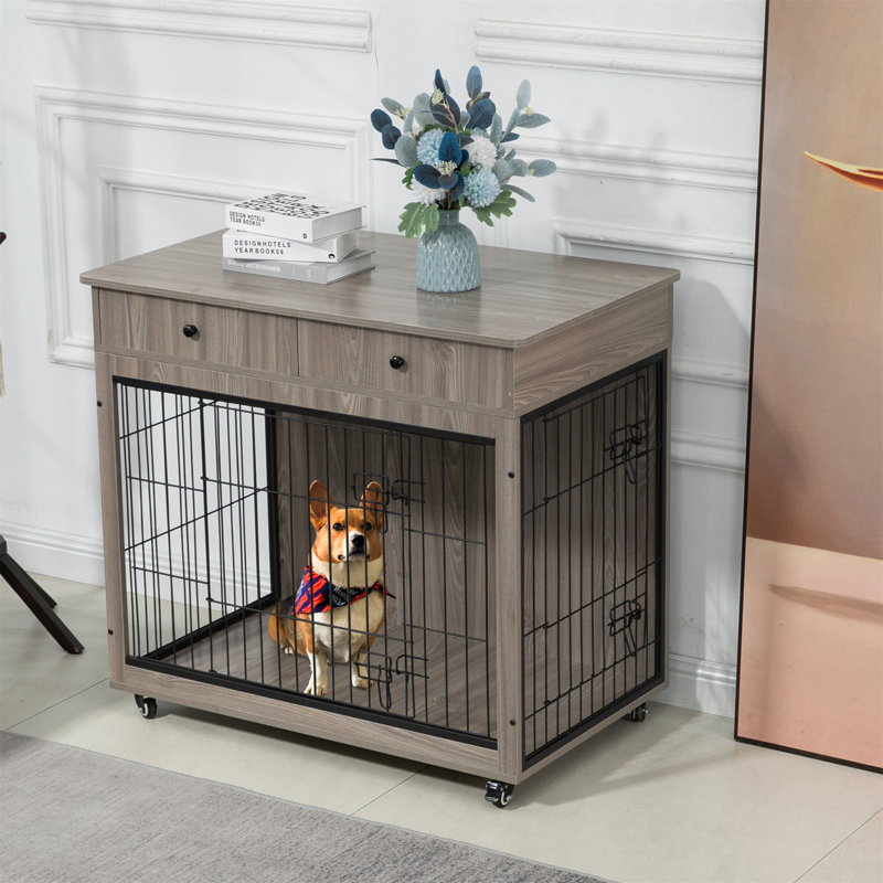 Caisse en bois pour chien avec tiroir, Petit (H 33 po x l 31,70 po x P 23,20 po), Gris