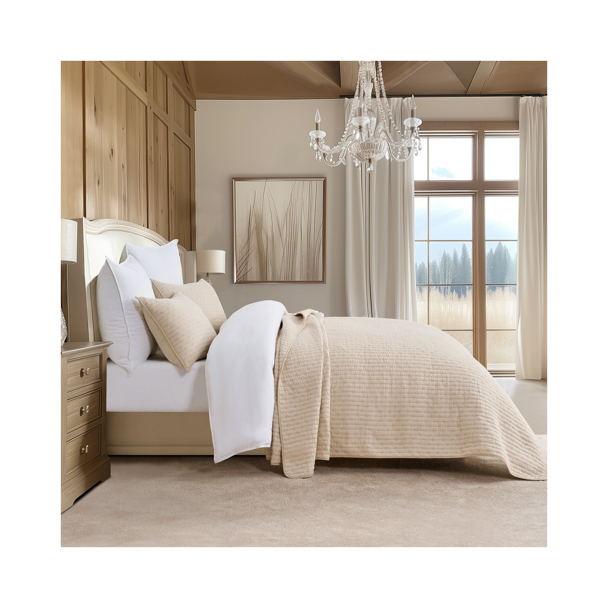 Cross Stitch Cotton Quilt set, Queen, Flax Beige