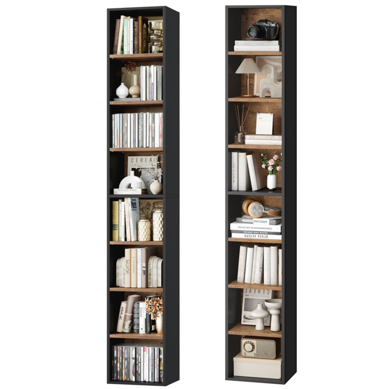 Ensemble de 2 bibliothèques étagères Brenya Mid-Century Modern, Noir/noyer, 2