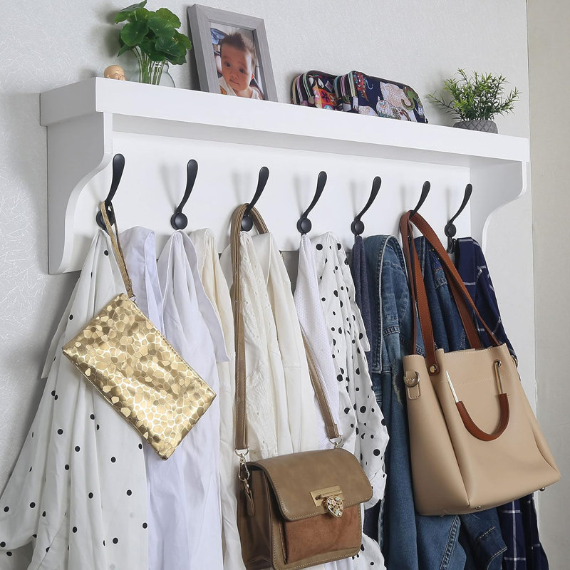 Coat Rack Wall Mount With Shelf,35’’ Long White Shelf With Hooks Underneath,Wall Mounted Coat Rack With Shelf,Key Rack For Wall,7 Triple Hooks For Hanging Coats,Bathroom,Entryway