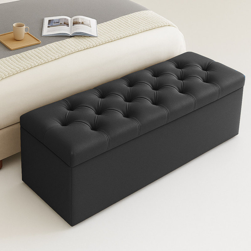 Divan Chesterfield Wide Velvet Rectangle Solid Color Standard Ottoman Box with Storage, Black, 40cm H x 180cm W x 40cm D