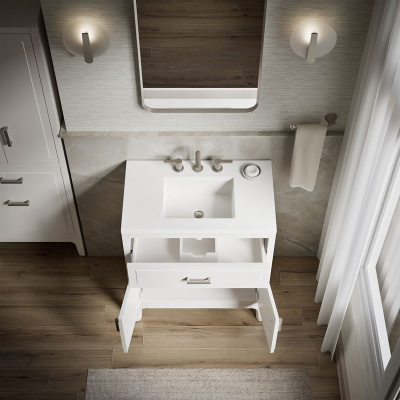 Seer Freestanding Single Bathroom Vanity Cabinet with Sink and Quartz Top, White, 30"