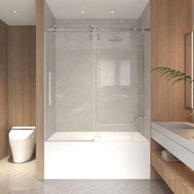 Porte de baignoire coulissante sans cadre 56-60 "x 66", porte de douche baignoire, verre trempé transparent 5/16 "(8mm), cadre en acier inoxydable