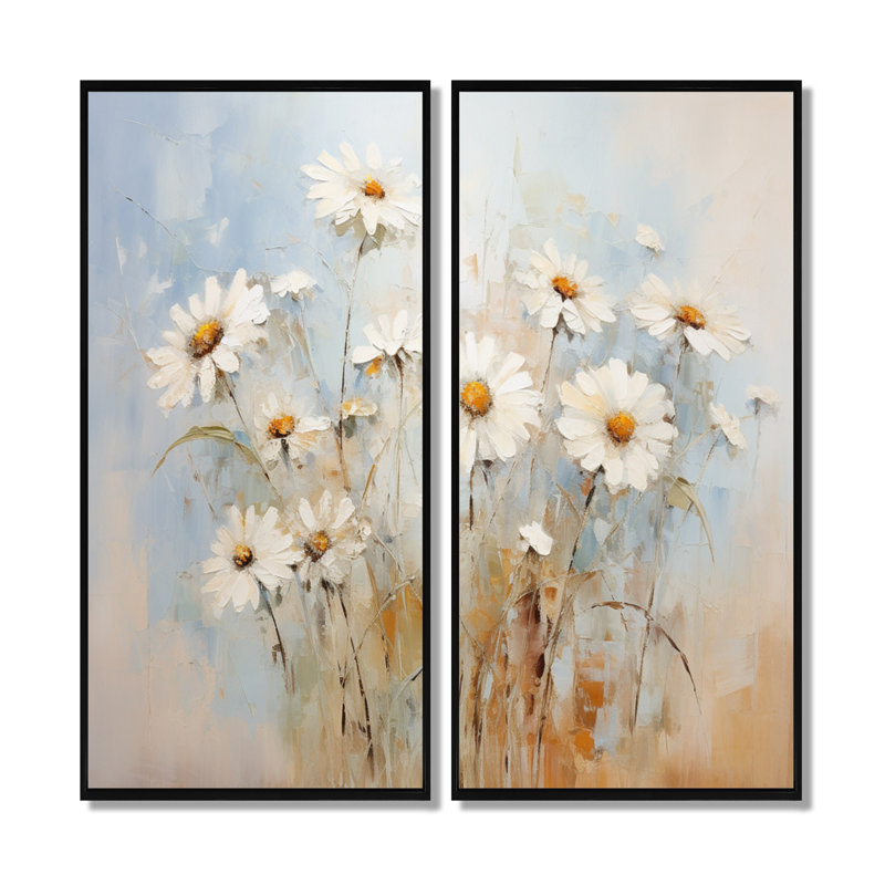 «White Daisy Fields Elegance - Daisies Large Wall Art», ensemble de 2 impressions sur toile florales blanches, Noir