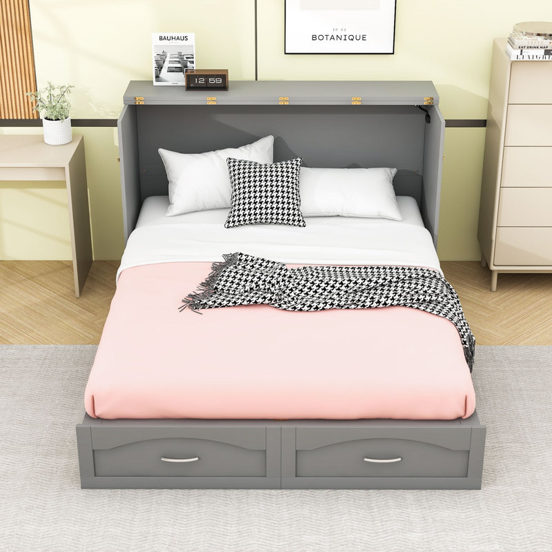 Dulci 1 Drawer Wood Murphy Bed with Sockets & USB Ports, Queen, Gray