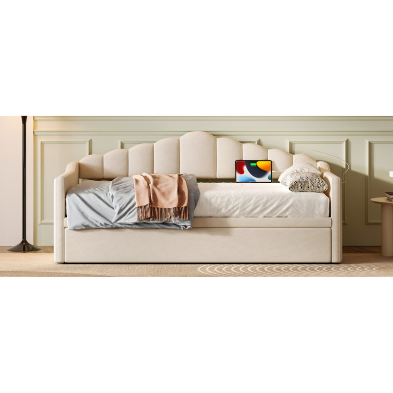 Upholstered Twin Size Daybed With Adjustable Height Pop Up Trundle Twin Bed And USB & Type-C Charging Port, Day Bed Frame With 2 Side Pockets, No Box-Spring Needed