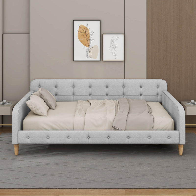 Lit de jour rembourré avec 4 pieds de soutien, Beige, Lit double