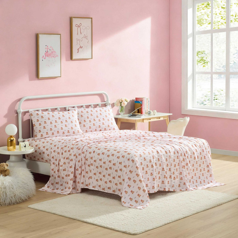 Betsey Johnson Printed Novelty Sheet Sets, Nerdy Teddies Pink, Queen Sheet Set with 2 Standard Pillowcases