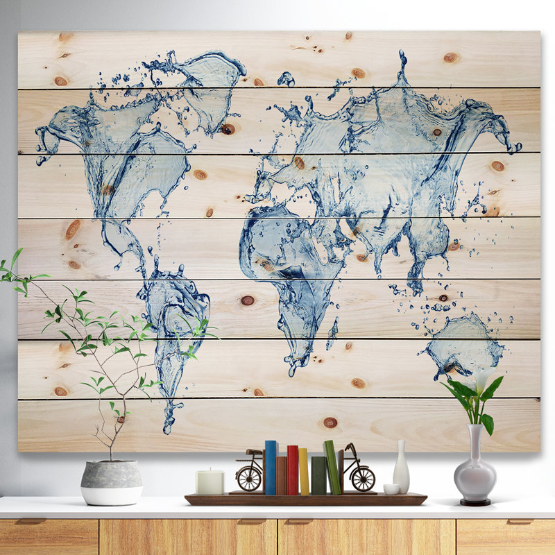 « world map water splash », impression, H 30 po x l 40 po x P 0,78 po, Bois
