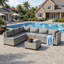Ensemble de canapé modulaire d'extérieur 7 pièces avec osier en PEHD, coussins et table basse, ensemble de conversation modulaire pour patio-46249080