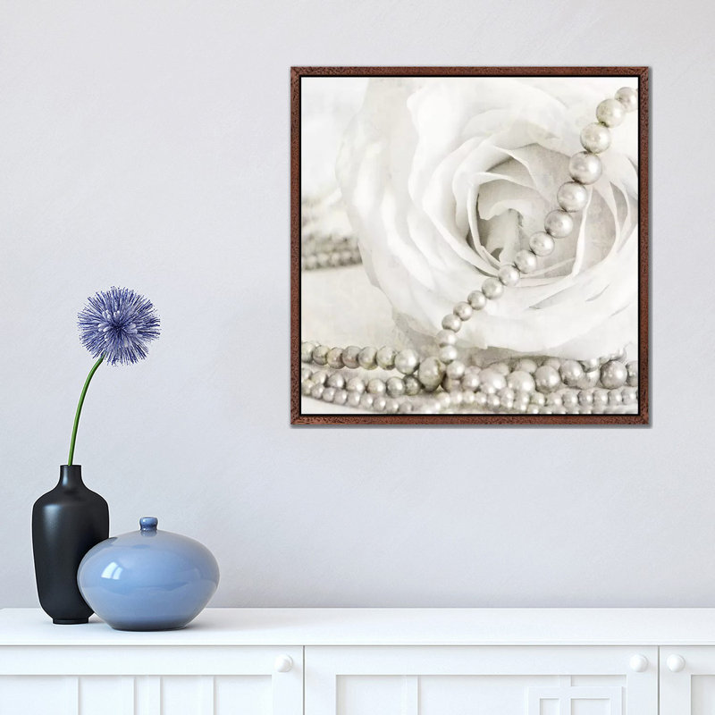 White Rose with Pearls 1 Piece Wall Art on Canvas, 45.72 cm H x 45.72 cm W, Classic Brown Wood Framed
