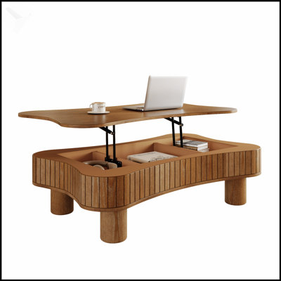 Table basse à plateau relevable avec panneaux cannelés, rangement caché, système de levage hydraulique silencieux et coins de sécurité courbés pour les salons modernes