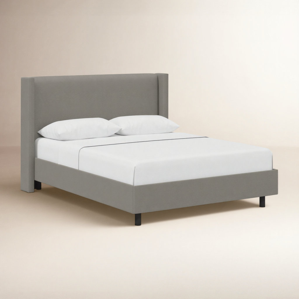 Hanson Upholstered Wingback Platform Bed, King, Classic Grey Linen