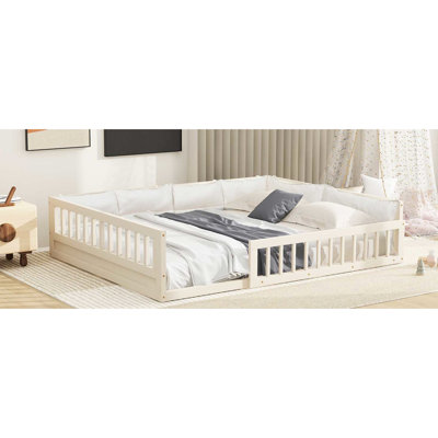 Beige Wood Platform Bed With Guardrail And Pillow - Stable Construction Full Size Upholstered Soft In
