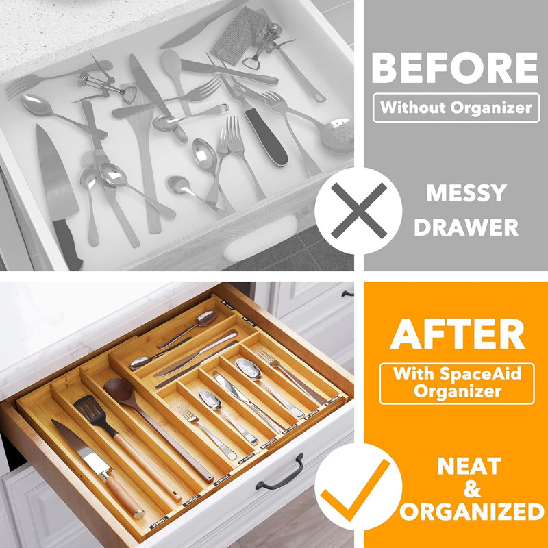 Natural Bamboo Adjustable Silverware Drawer Organizer with Labels