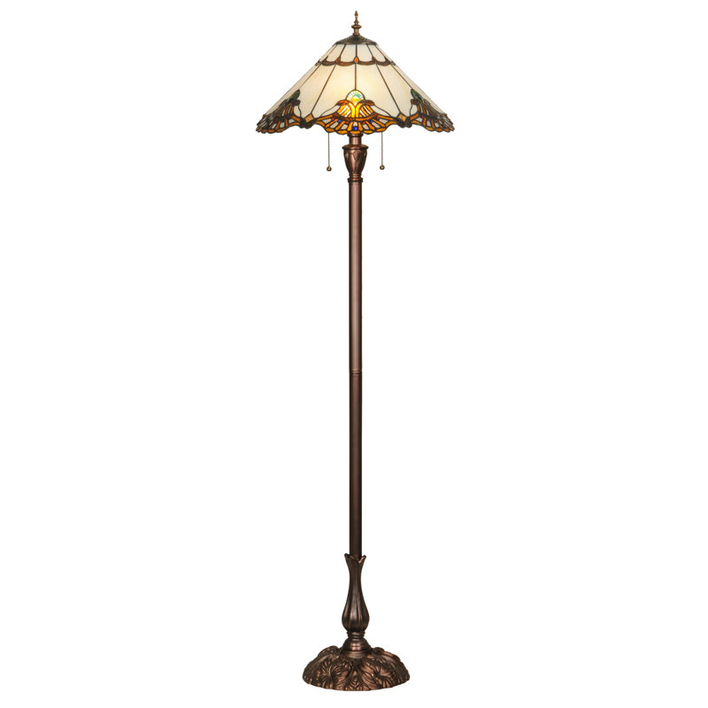 63" Blue and Amber Stained Glass Floor Lamp with Mahogany Bronze Base