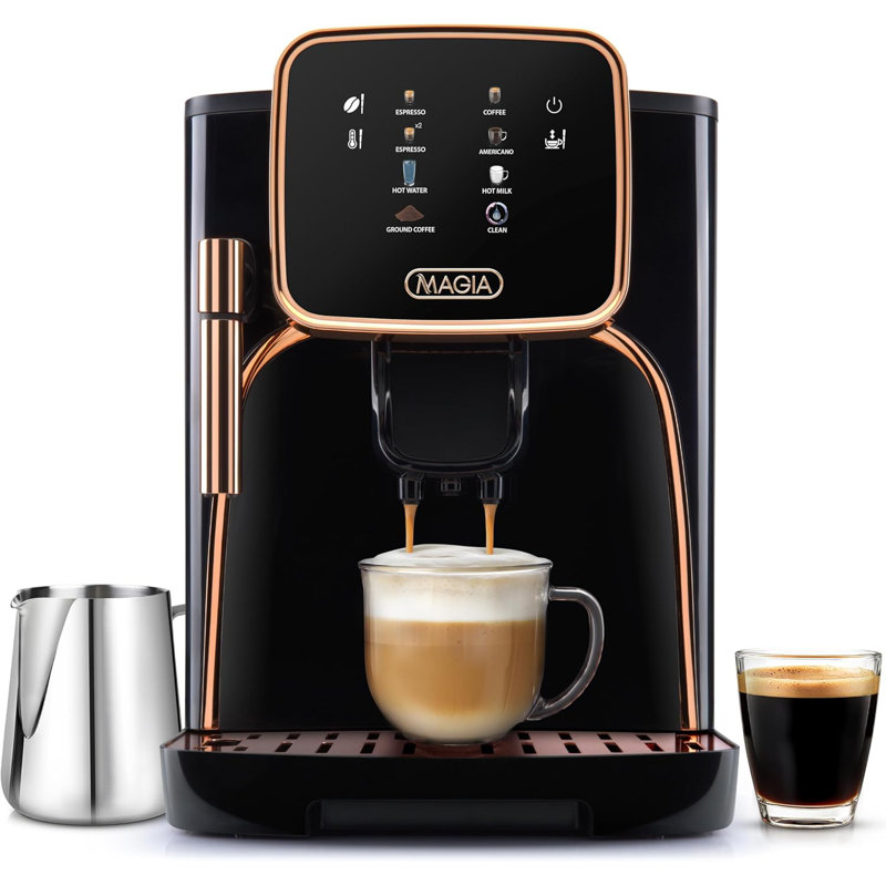 Black and Copper Automatic Espresso Machine with Grinder and Steam Wand