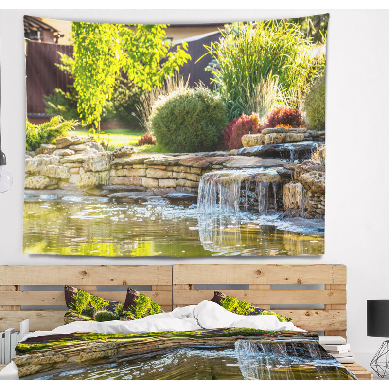 Tapisserie paysage vert lac et plantes, H 78 po x l 92 po