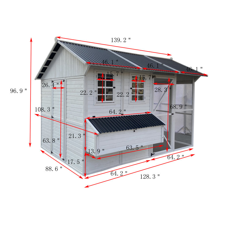 Zylina White Wooden Chicken Coop with Run and Nesting Bays