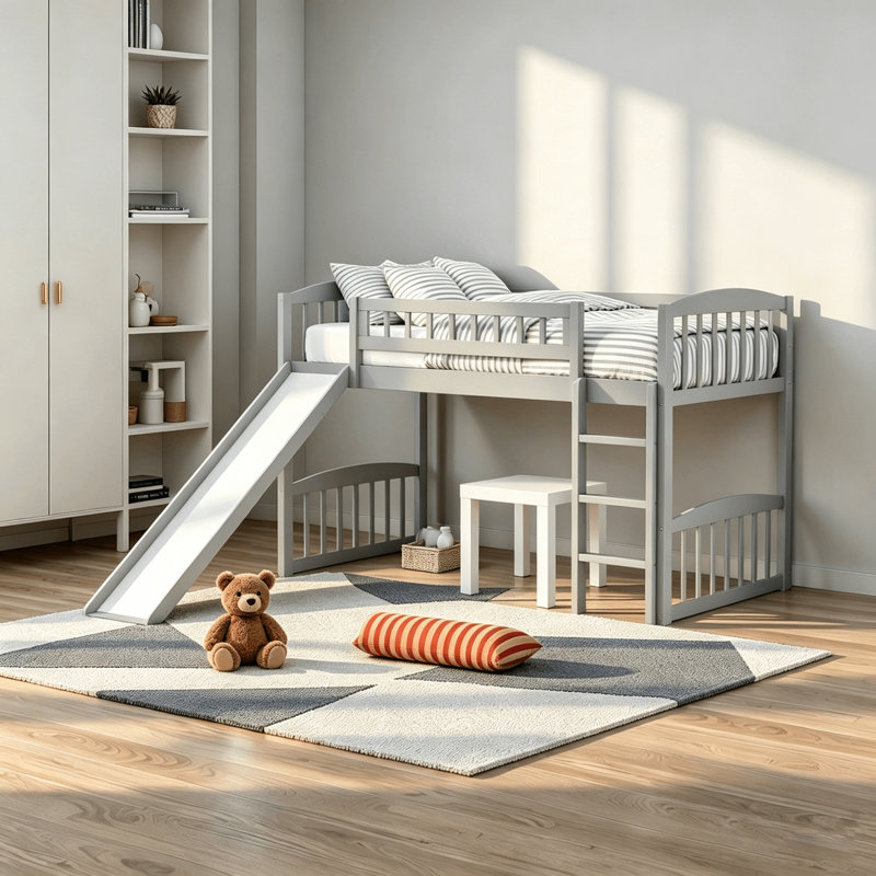 Twin Low Loft Bed with Slide, Gray