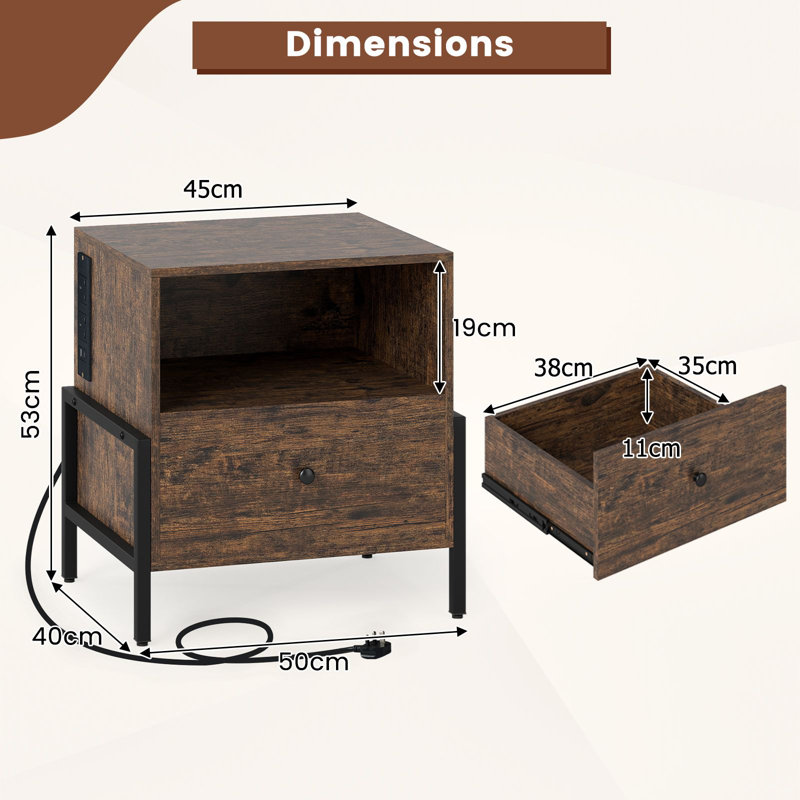 50cm W Metal Bedside Table