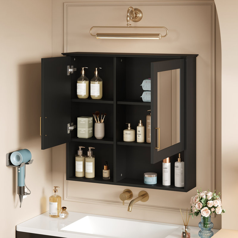 Armoire de toilette murale 30 po 2 en 1 avec tablettes réglables, Noir