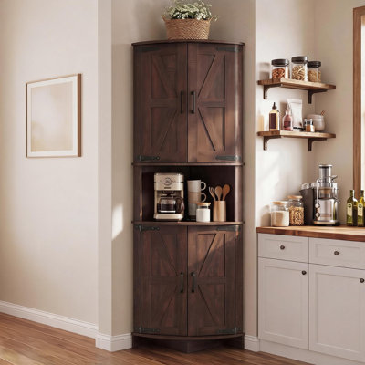 64.8" Tall Corner Cabinet with Doors, Brown Farmhouse Corner Storage Cabinet for Bathroom & Kitchen, Freestanding Corner Pantry Cabinet with Adjustable Shelves, Triangle Cupboard for Living Room