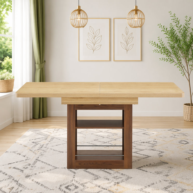 Une table de salle à manger extensible avec espace de rangement, une table de salle à manger extensible de 59 à 71 pouces. Table à tirer rectangulaire avec structure en panneau de fibres à densité moyenne robuste de couleur noyer, pouvant accueillir 4 à 8 personnes.