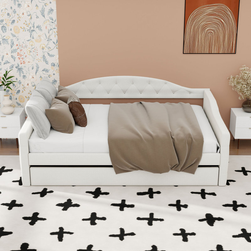 Upholstered Daybed with Trundle and USB, Beige