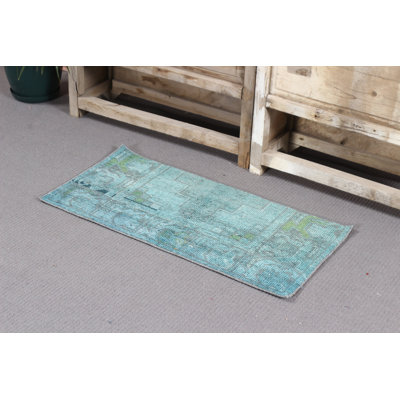 Hand Knotted Vintage Overdyed Blue Oushak Rug Ideal For Entryway And Small Spaces