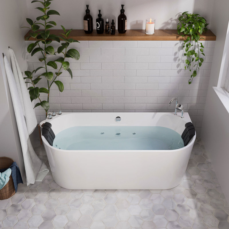 59 In. X 29.5 In. Center Drain Freestanding Whirlpool Bathtub Hydrotherapy Jetted Soaking Bath Tub - Tub Filler In White