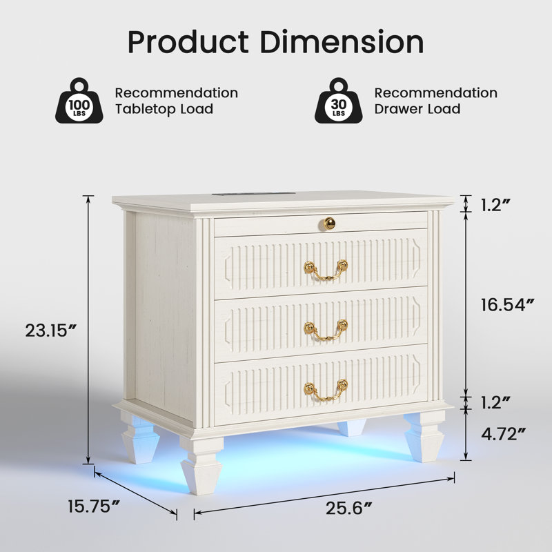 4-Drawer Solid Wood Nightstand With Charging Station, Human Sensor Light, Cable Management, White