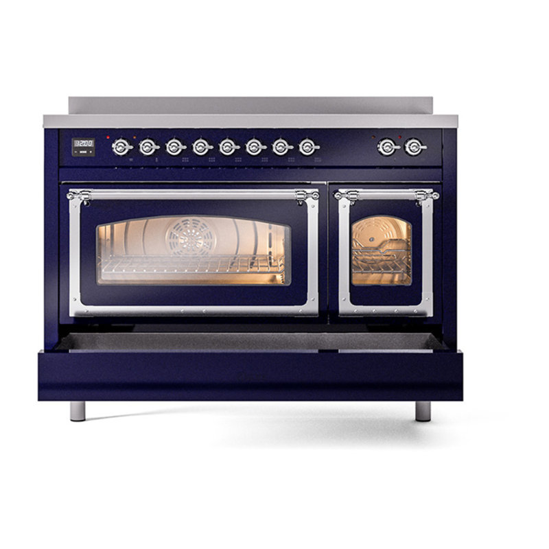 ILVE Nostalgie II Noblesse 48 dans la gamme d'induction, 6 éléments d'induction (porte en verre), Bleu de minuit / chrome
