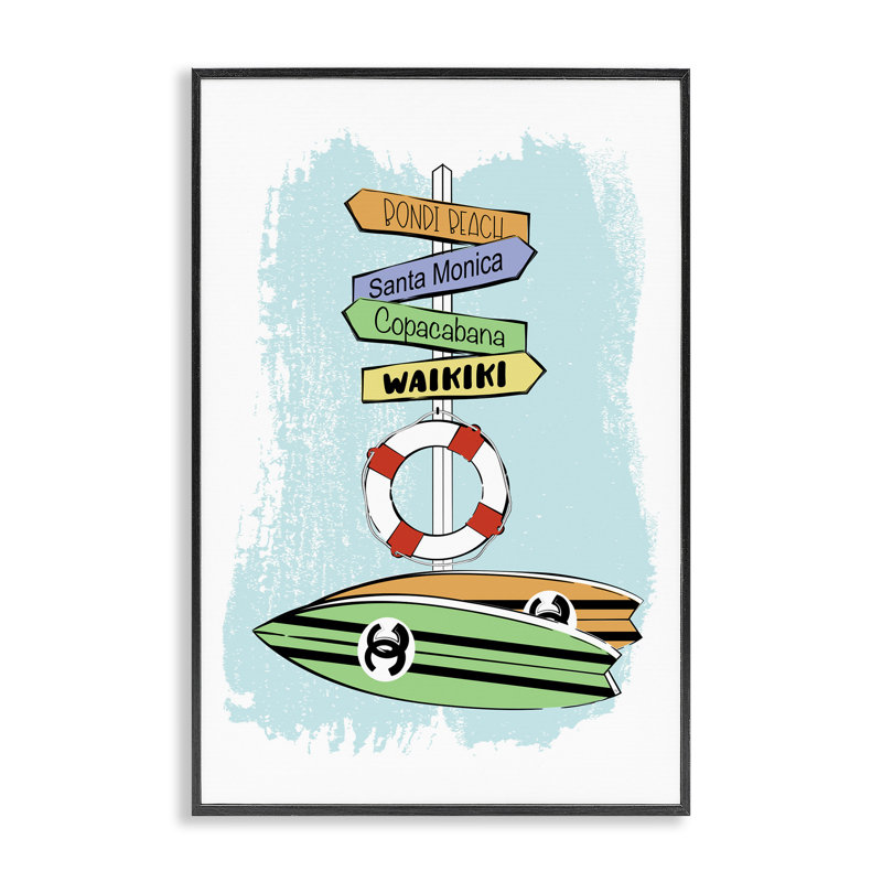 «Glam Surfboard & Sign», art de la giclée encadrée par Martina Pavlova, Cadre simple noir, H 30 po x l 20 po x P 1,5 po