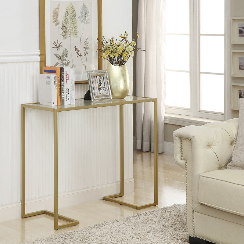 Modern Gold 38 Inch Wide Console Table with Tempered Glass Top, Gold