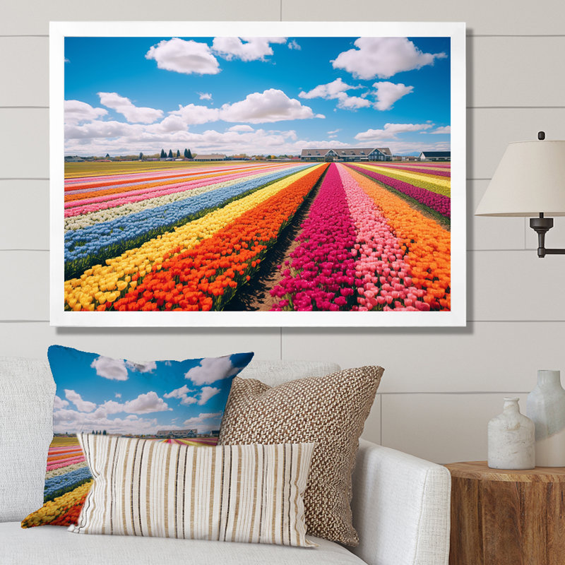 Champ de tulipes colorées II - art mural tulipe, Cadre de coin blanc fermé, H 16 po x l 32 po x P 1 po