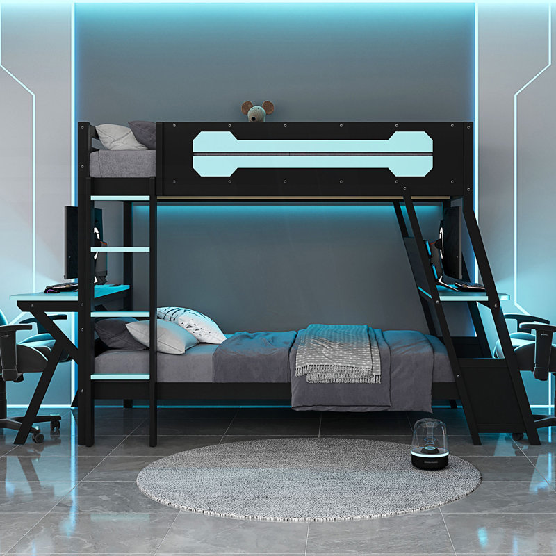 Twin Size Bunk Bed With Two Built-In Gaming Desks, USB Desktop Ports & Pegboard Organizer, Blue, Twin